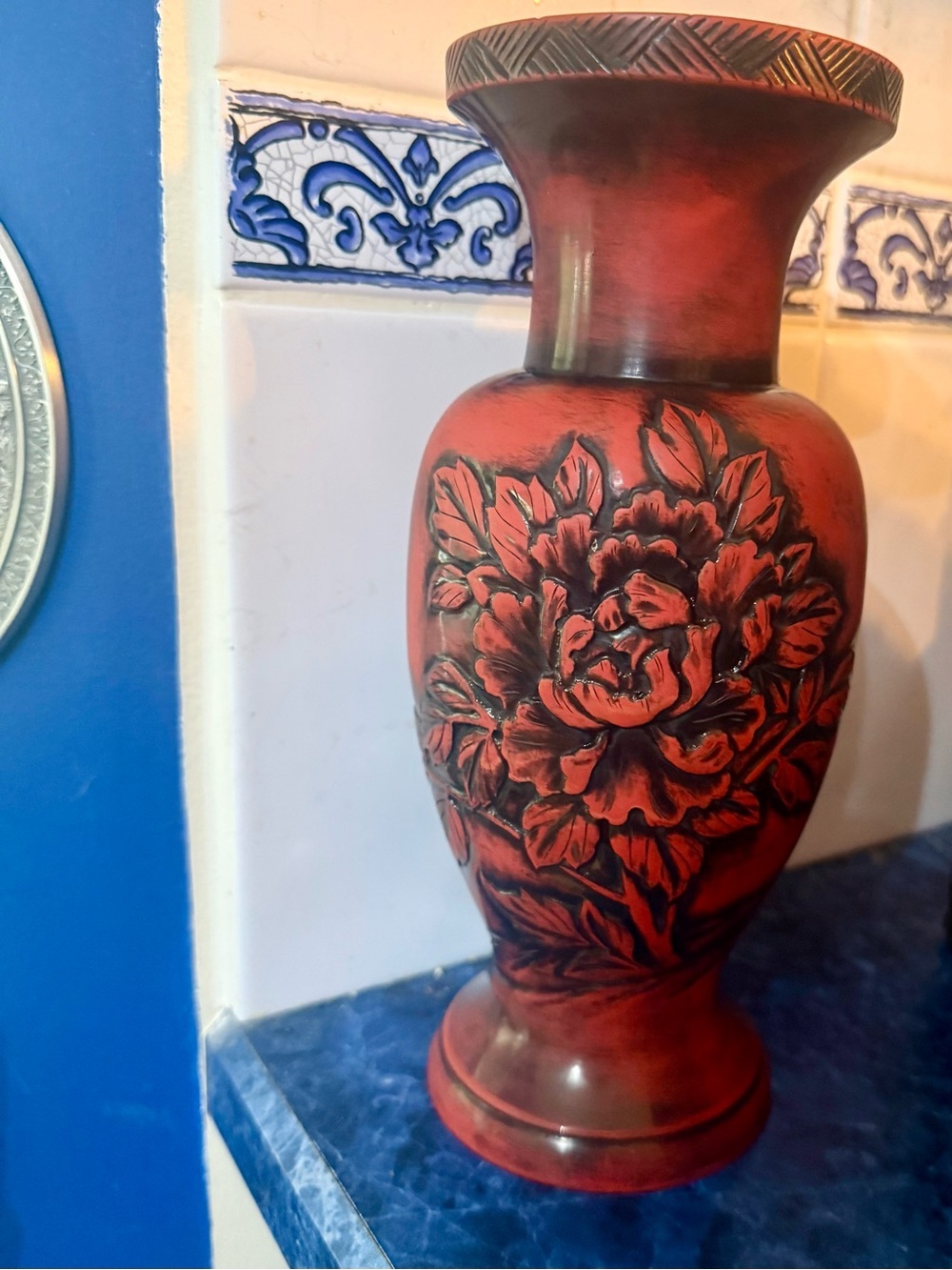 VTG Chinoiserie Red Vase Smooth Trompe L'oeil Asian Floral Statement Piece